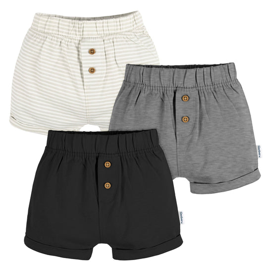 3-Pack Baby Neutral Tan Stripe, Dark Grey Heather, & Black Knit Shorts