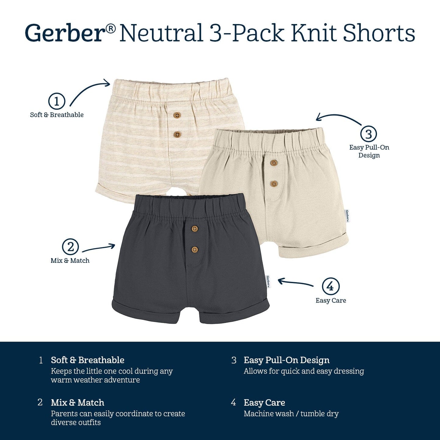 3-Pack Baby Neutral Tan Stripe, Dark Grey Heather, & Black Knit Shorts